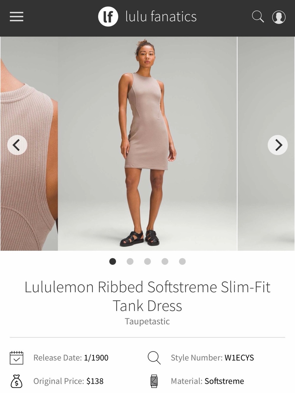 NWT Lululemon Ribbed Softstreme Slim-Fit Tank Dress Taupetastic TPTC Size 6